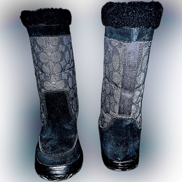 Coach Sherman Winter Boots Fleece Lined Black Suede Logo Print Booties US 5 - Picture 5 of 11